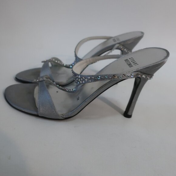 Womens Stuart Weitzman Silver Rhinestone Embellished T-Strap Sandal Heels 7.5 - Picture 5 of 11